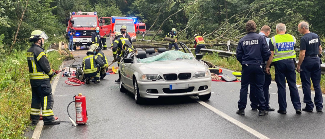 Baum auf Pkw, Feuerwehr befreit Person aus Auto