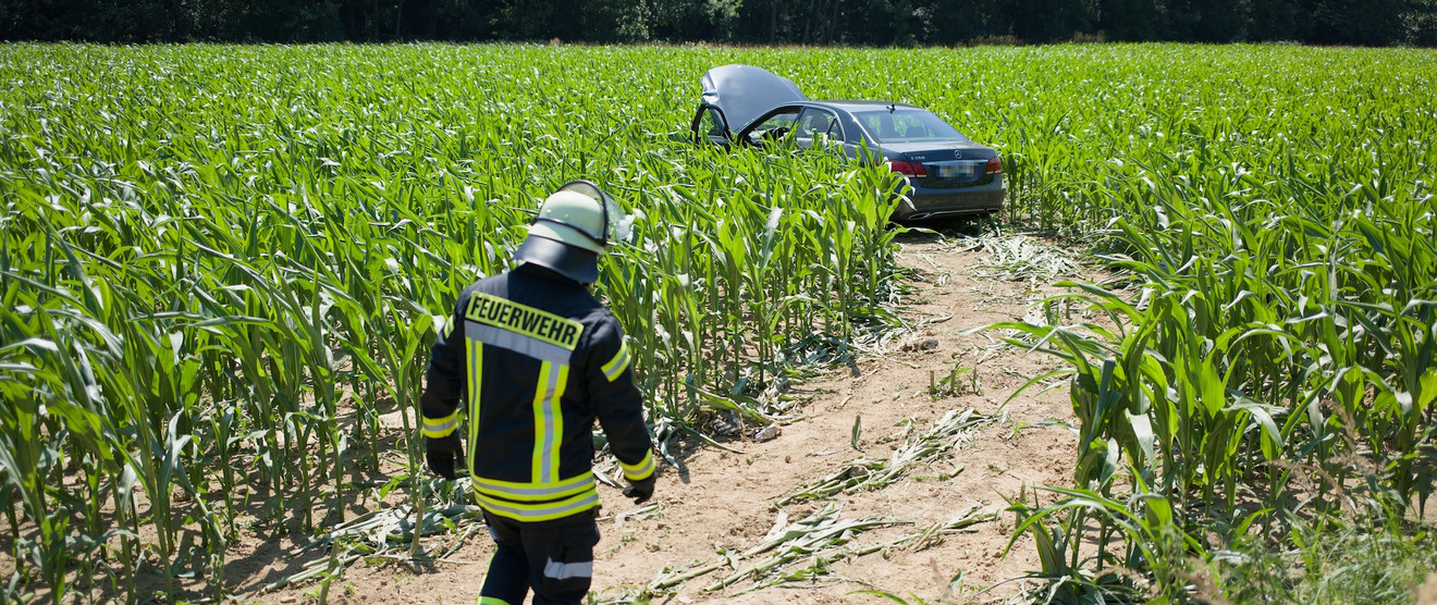 Ein Mercedes steht nach einem Verkehrsunfall im Maisfeld