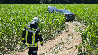 Ein Mercedes steht nach einem Verkehrsunfall im Maisfeld