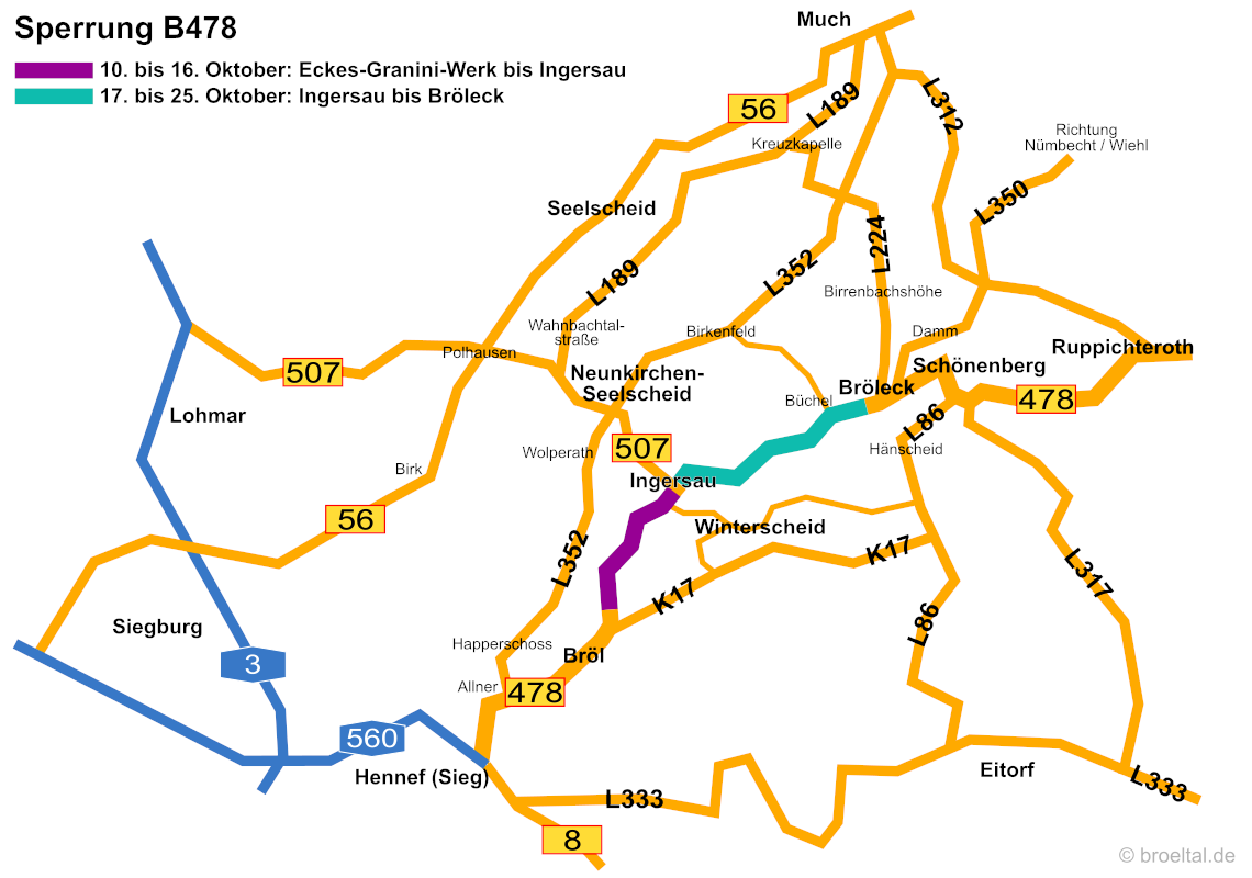 Umleitungen zur Sperrung der B478